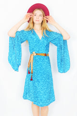 Gemini Kimono - Sea Blue Shattered Marble - Vintage Indian Sari - S/M by all about audrey