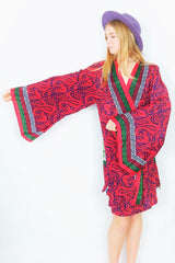 Karina Kimono Mini Dress - Vintage Indian Sari - Dark Coral, Navy & Lime Paisley - Free Size M/L by all about audrey