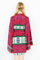 Karina Kimono Mini Dress - Vintage Indian Sari - Dark Coral, Navy & Lime Paisley - Free Size M/L by all about audrey
