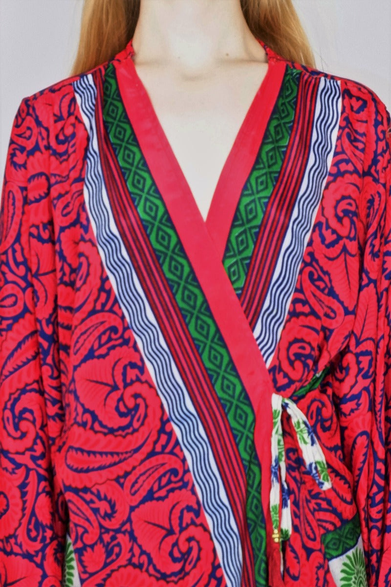 Karina Kimono Mini Dress - Vintage Indian Sari - Dark Coral, Navy & Lime Paisley - Free Size M/L by all about audrey