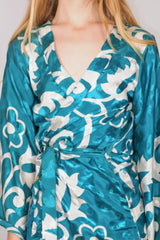 Gemini Kimono - Aquamarine & Diamond White Jacquard - Vintage Indian Sari - S/M by all about audrey