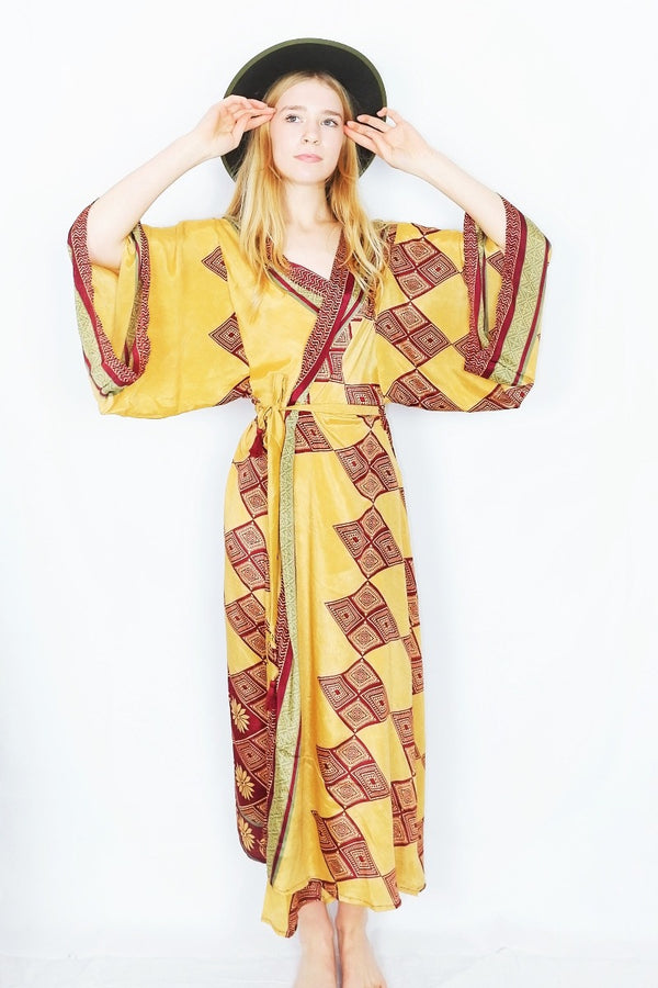 Aquaria Kimono - Soft Gold & Plum Floral Tiles - Vintage Indian Sari - Free Size L/XL by all about audrey