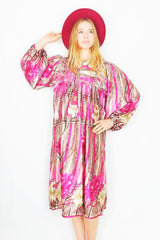 Daphne Smock Dress - Fuchsia & Mauve Floral Shimmer - Vintage Indian Sari - XL by All About Audrey