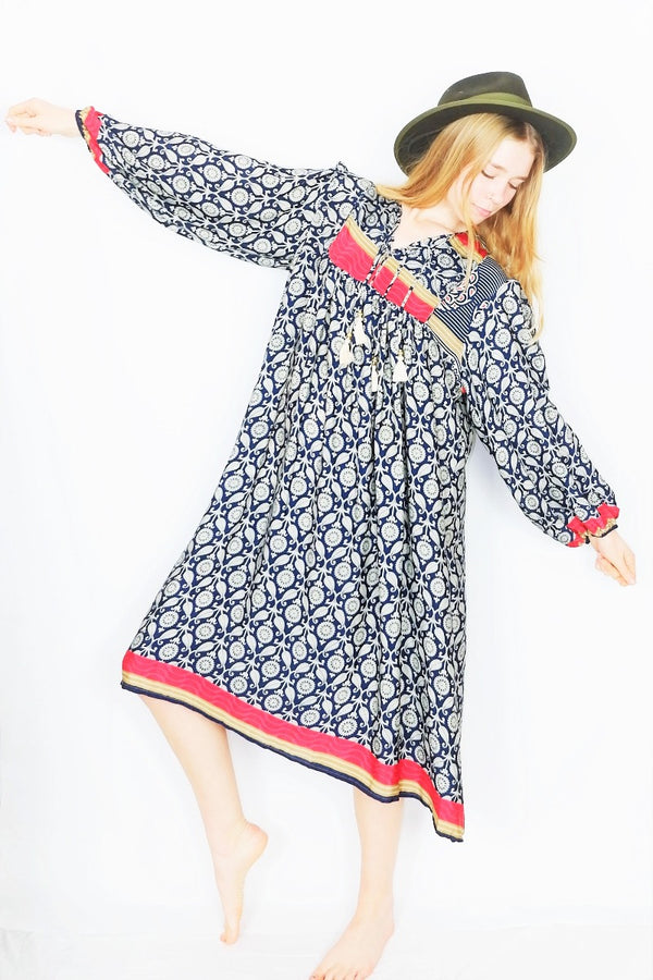 Daphne Smock Dress - Navy & Alabaster Floral Mandala - Vintage Indian Sari - XL by All About Audrey