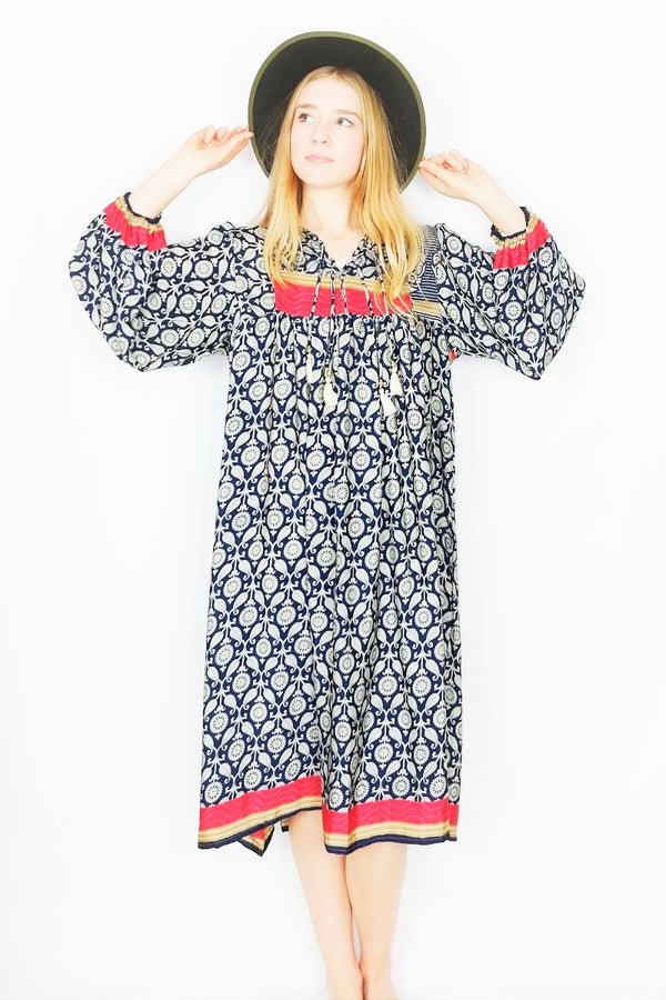 Daphne Smock Dress - Navy & Alabaster Floral Mandala - Vintage Indian Sari - XL by All About Audrey