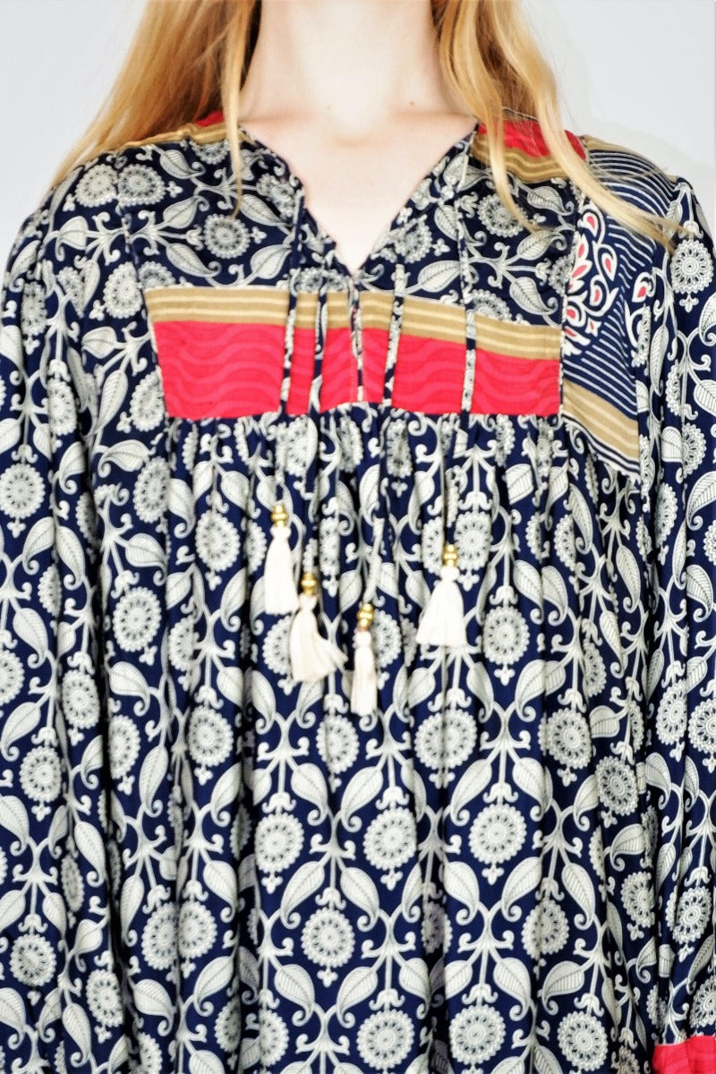 Daphne Smock Dress - Navy & Alabaster Floral Mandala - Vintage Indian Sari - XL by All About Audrey