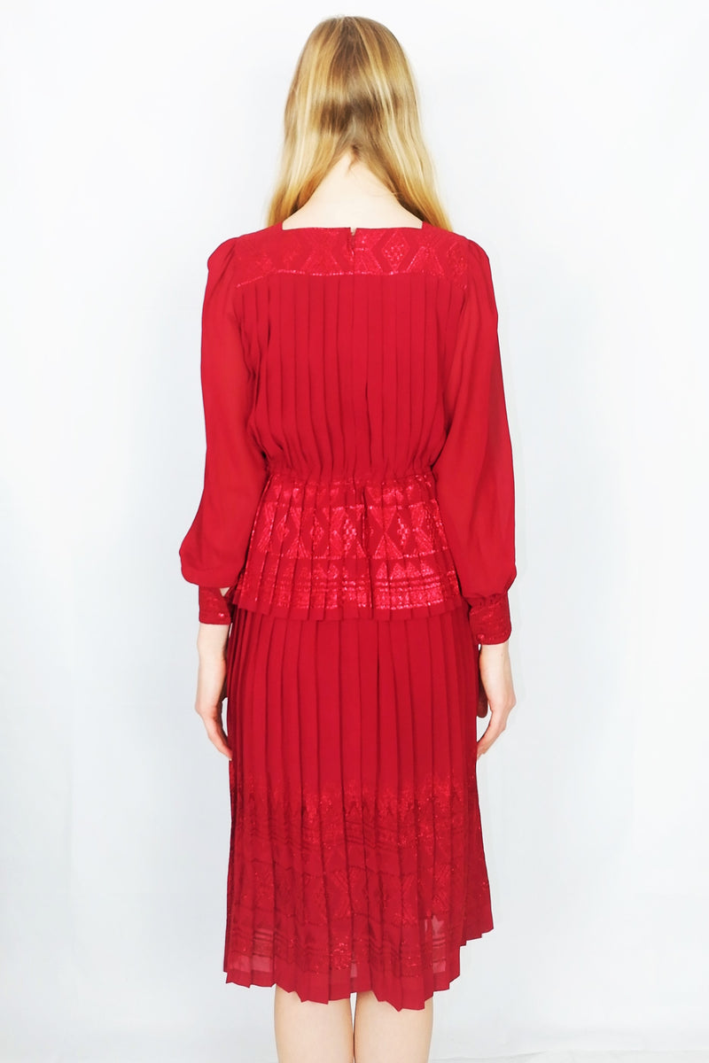 Vintage Pleated Midi Dress - Sparkly Embroidered Burgundy - Size S/M
