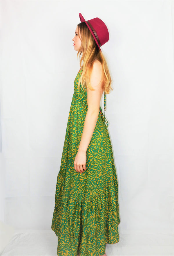 Blossom Halter-Neck Maxi Dress - Apple Green & Sun Bold Paisley - Free Size