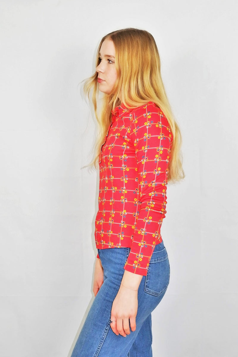 Vintage 70's - Candy Red & Sunshine Ditsy Retro Floral - Size S