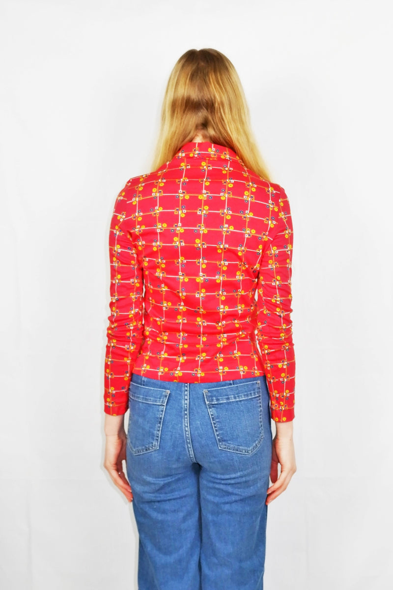 Vintage 70's - Candy Red & Sunshine Ditsy Retro Floral - Size S