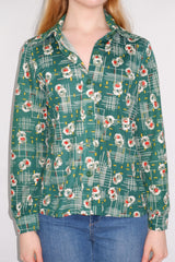 70's Vintage - Dark Jade Retro Floral Shirt - Size S/M