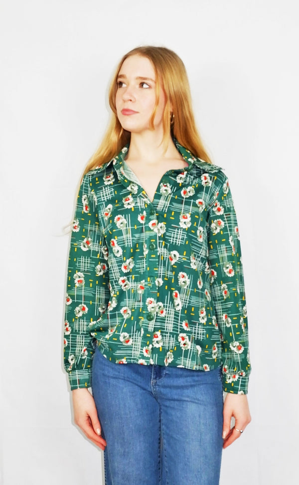 70's Vintage - Dark Jade Retro Floral Shirt - Size S/M
