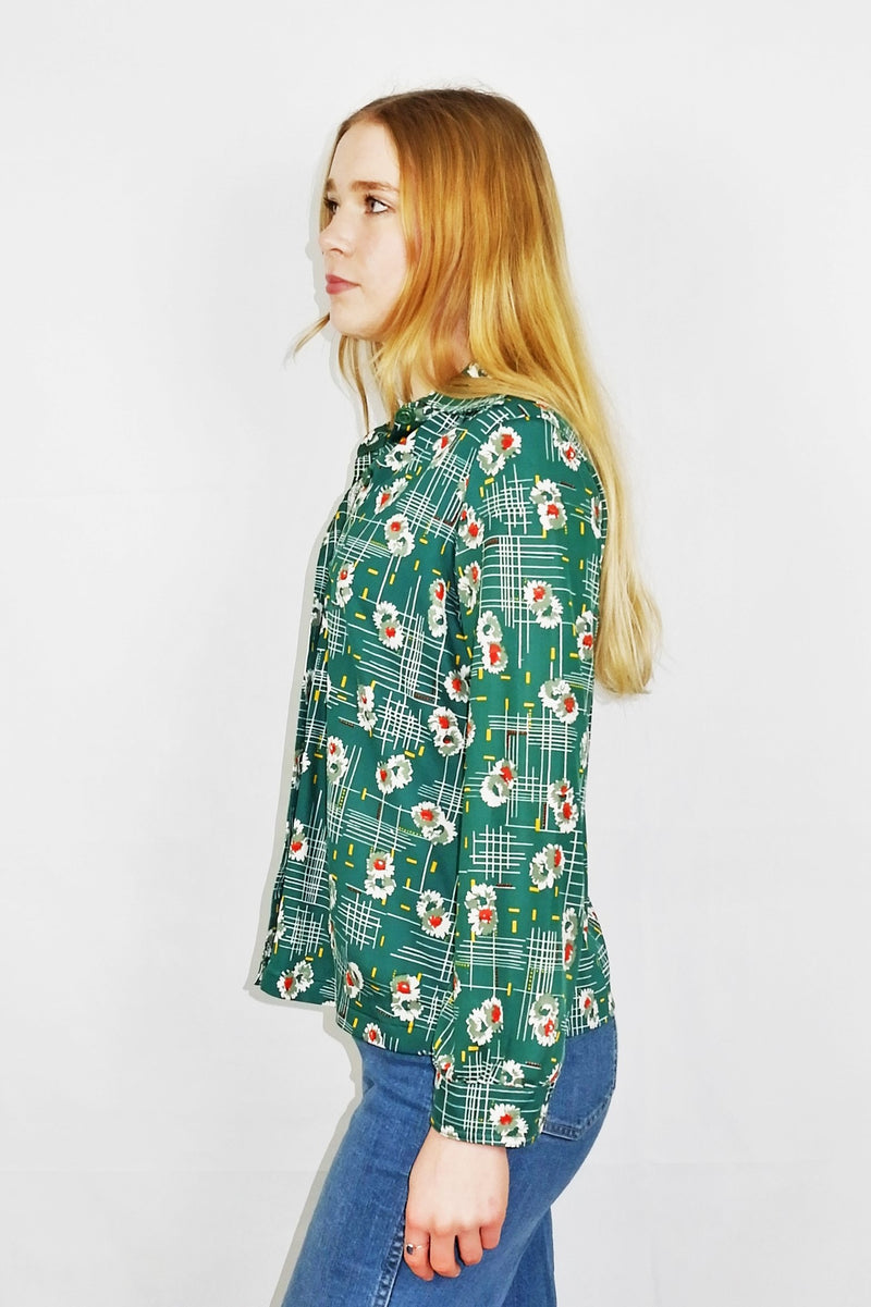 70's Vintage - Dark Jade Retro Floral Shirt - Size S/M
