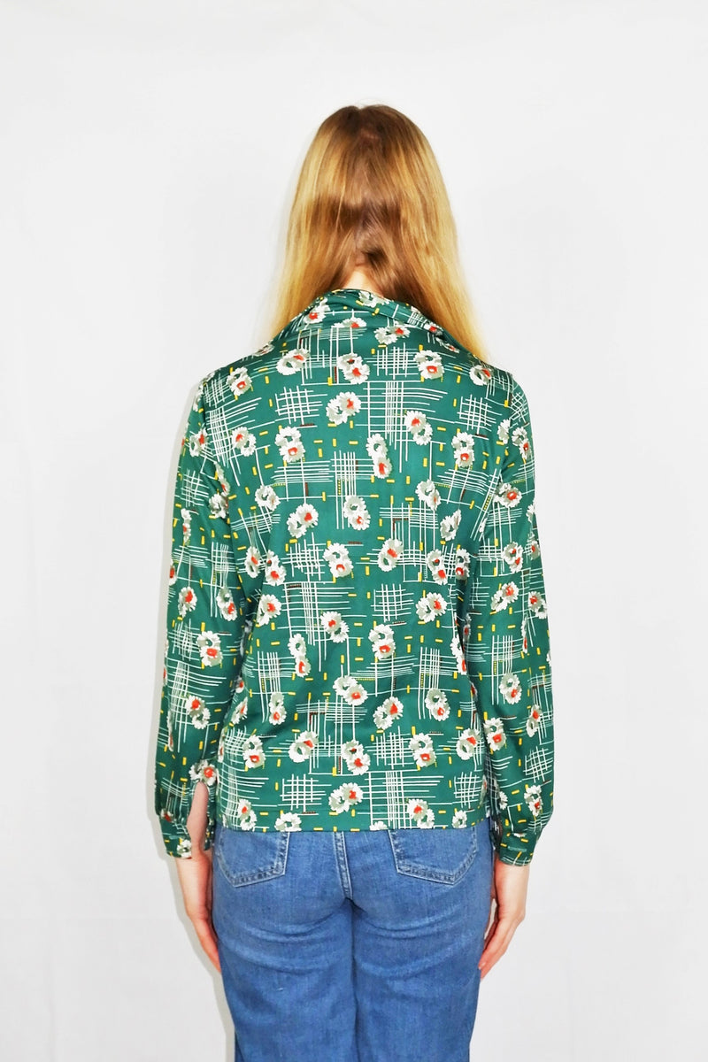 70's Vintage - Dark Jade Retro Floral Shirt - Size S/M