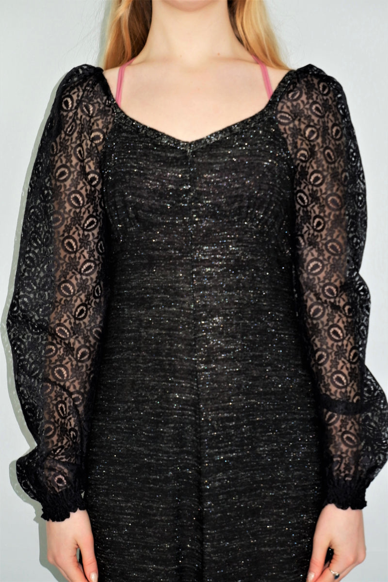 70's Vintage - Midnight sparkle Lace Puffed Sleeve Maxi - Size S