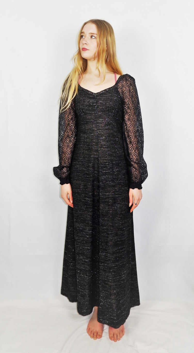 70's Vintage - Midnight sparkle Lace Puffed Sleeve Maxi - Size S