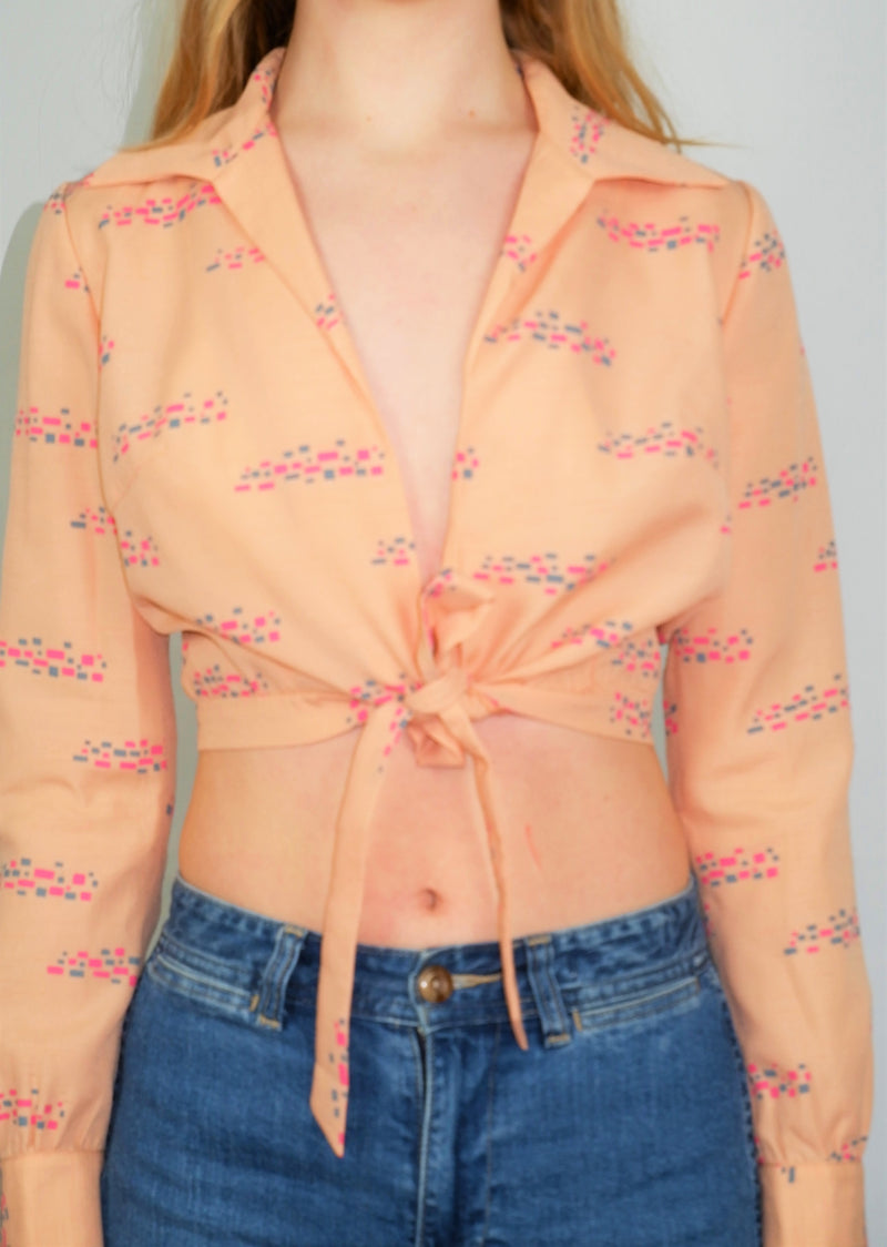 Vintage 70's - Salmon Graphic Print Tie Crop Top - Size XS