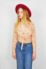 Vintage 70's - Salmon Graphic Print Tie Crop Top - Size XS