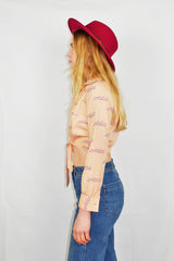 Vintage 70's - Salmon Graphic Print Tie Crop Top - Size XS