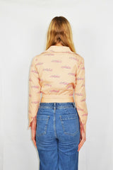Vintage 70's - Salmon Graphic Print Tie Crop Top - Size XS