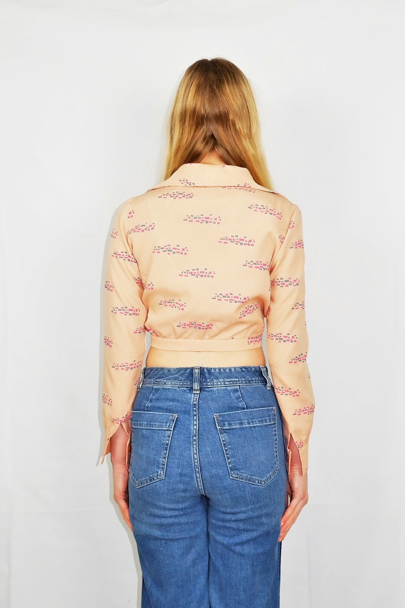 Vintage 70's - Salmon Graphic Print Tie Crop Top - Size XS