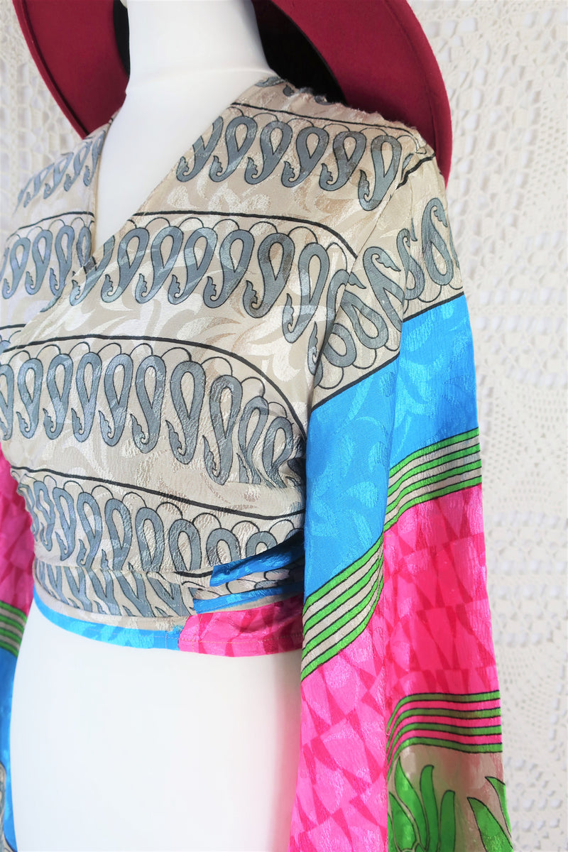 Gemini Wrap Top - Vintage Indian Sari - Bold Fluorescent Patchwork Paisley - Size L
