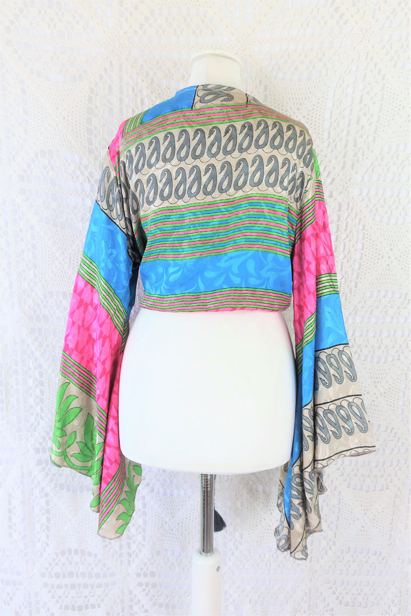 Gemini Wrap Top - Vintage Indian Sari - Bold Fluorescent Patchwork Paisley - Size L