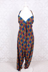 Medusa Jumpsuit - Harem Pant Halter Jumpsuit - Navy, Rose & Yellow Cheque - XS