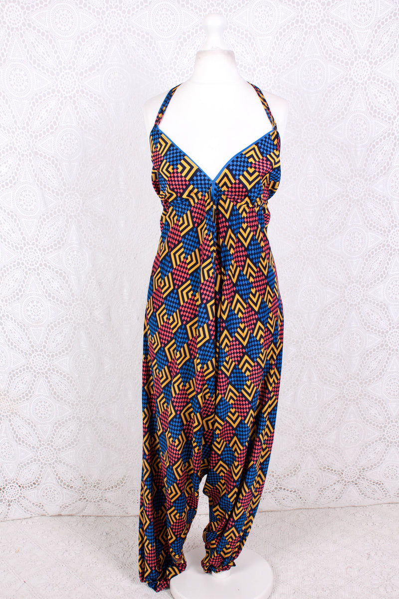 Medusa Jumpsuit - Harem Pant Halter Jumpsuit - Navy, Rose & Yellow Cheque - XS