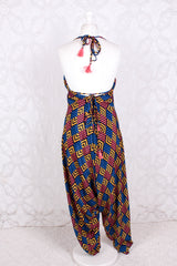 Medusa Jumpsuit - Harem Pant Halter Jumpsuit - Navy, Rose & Yellow Cheque - XS