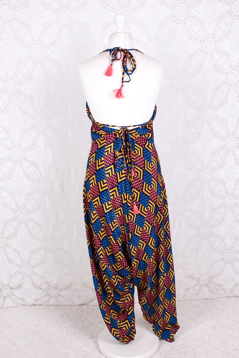 Medusa Jumpsuit - Harem Pant Halter Jumpsuit - Navy, Rose & Yellow Cheque - XS