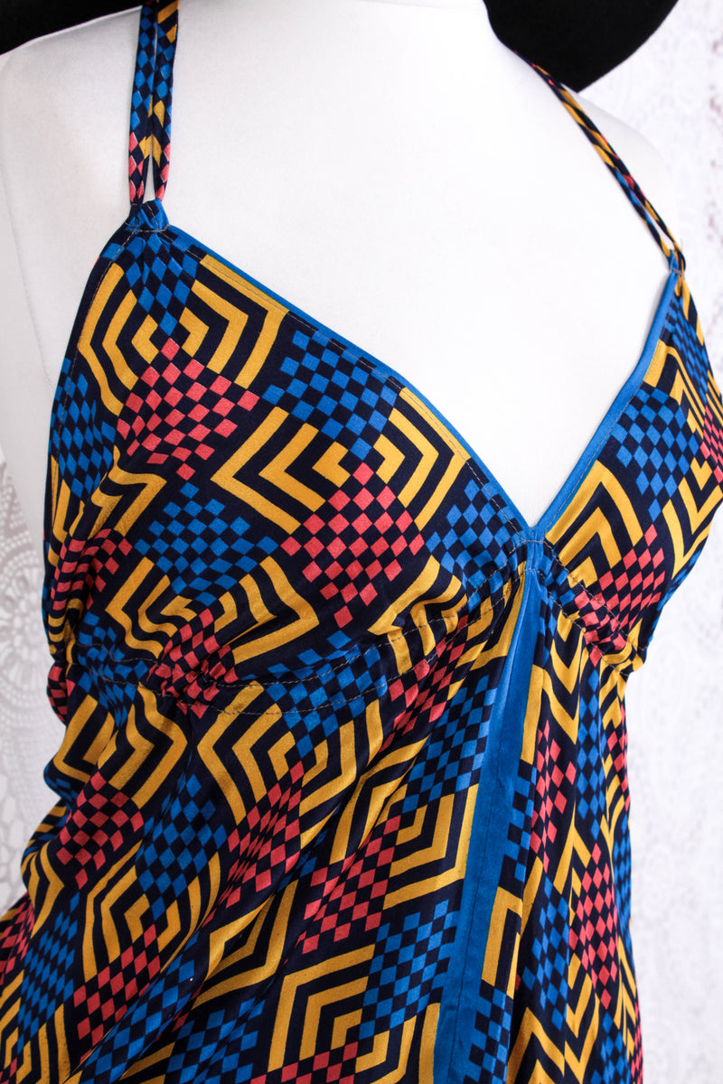 Medusa Jumpsuit - Harem Pant Halter Jumpsuit - Navy, Rose & Yellow Cheque - XS