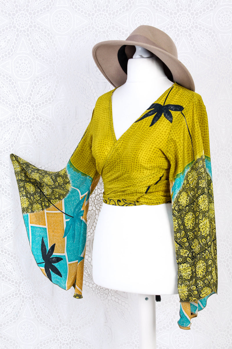 Gemini Wrap Top -  Vintage Indian Sari - Sheer Chartreuse Graphic - Free Size