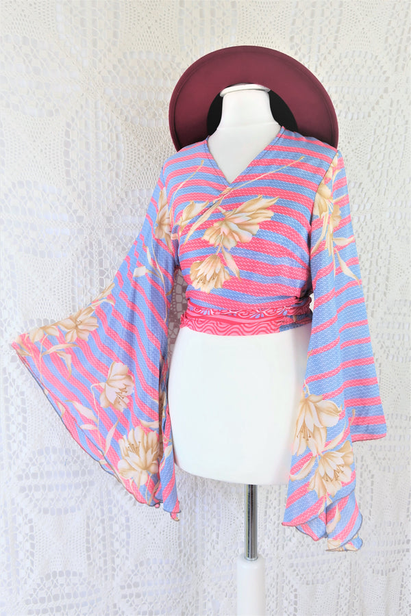 Gemini Wrap Top - Vintage Indian Sari - Powdered Pastel Flowers & Stripes - Size M/L