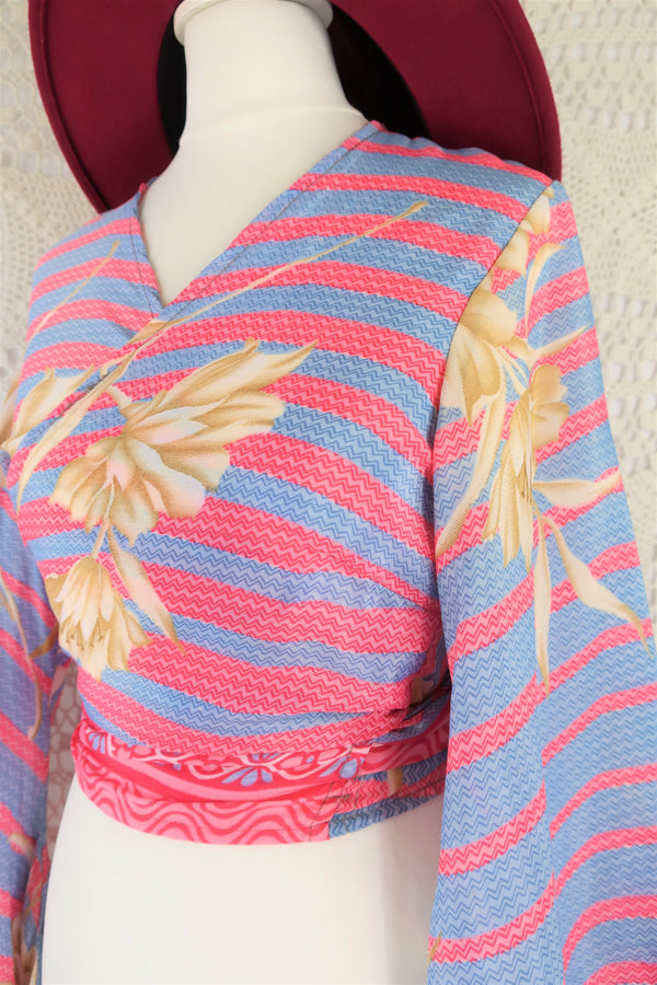 Gemini Wrap Top - Vintage Indian Sari - Powdered Pastel Flowers & Stripes - Size M/L