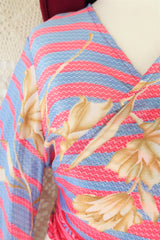 Gemini Wrap Top - Vintage Indian Sari - Powdered Pastel Flowers & Stripes - Size M/L