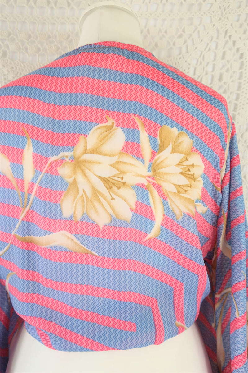 Gemini Wrap Top - Vintage Indian Sari - Powdered Pastel Flowers & Stripes - Size M/L