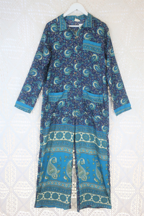Betty Boilersuit - Indian Sari - Navy & Sky Paisley - Size M/L
