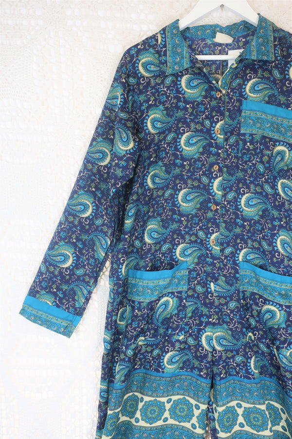 Betty Boilersuit - Indian Sari - Navy & Sky Paisley - Size M/L