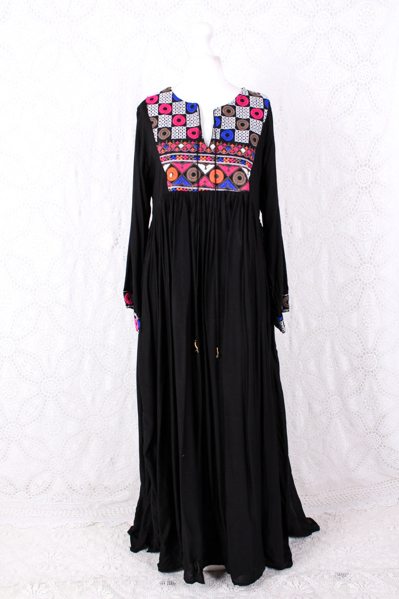 SALE Petunia Dress - Black Rayon Maxi Smock Dress - with Geometric Embroidery - Size M/L