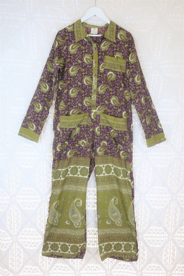 Betty Boilersuit - Indian Sari - Olive, Cream & Sangria Floral Paisley - Size S/M