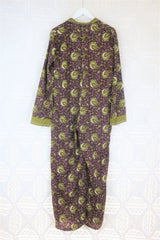 Betty Boilersuit - Indian Sari - Olive, Cream & Sangria Floral Paisley - Size S/M