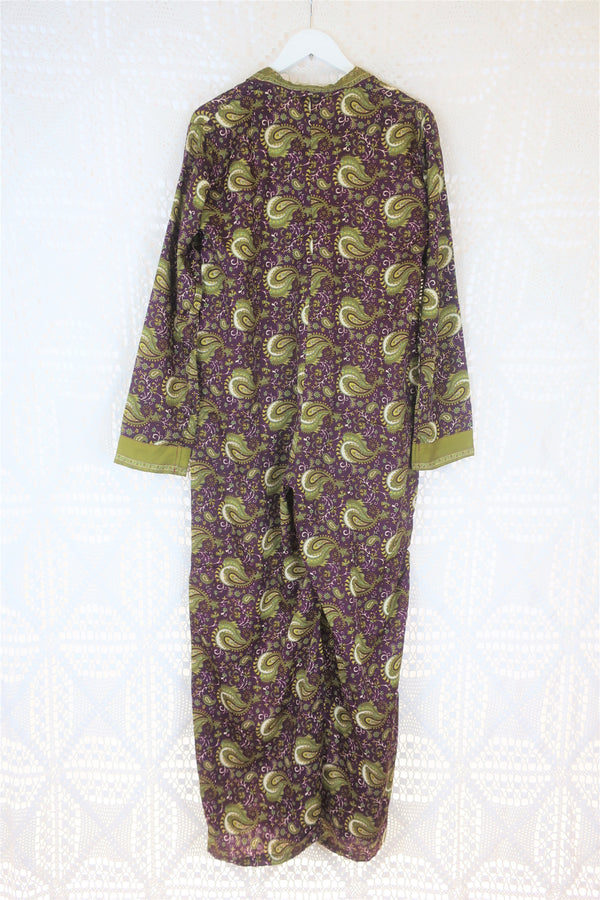 Betty Boilersuit - Indian Sari - Olive, Cream & Sangria Floral Paisley - Size S/M