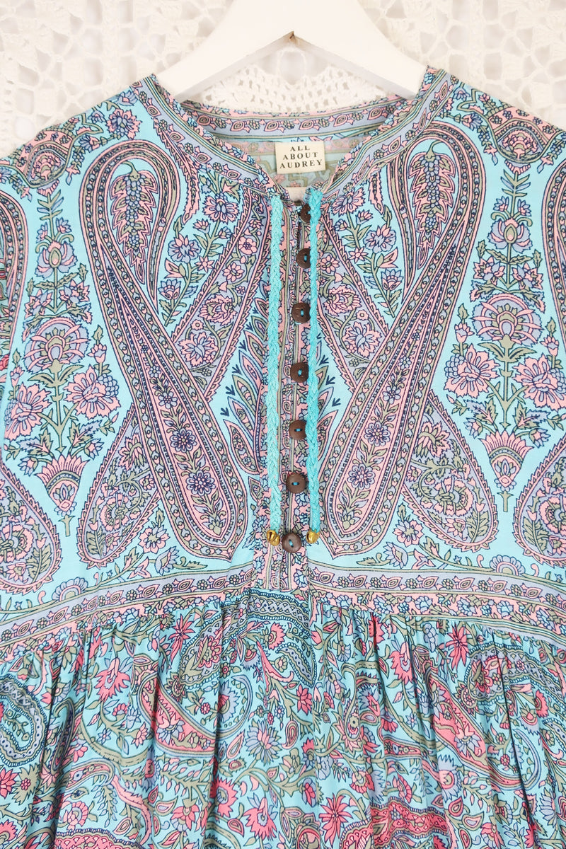 50% OFF Florence Mini Dress in Powder Blue & Peach Paisley Floral