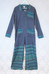 Betty Boilersuit - Indian Sari - Navy & Teal Floral Paisley - Size M/L