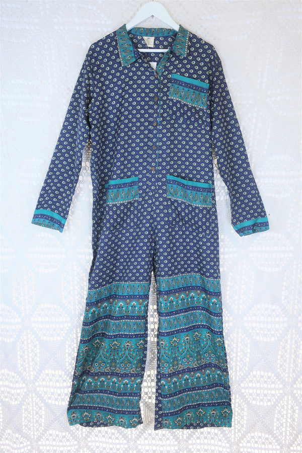 Betty Boilersuit - Indian Sari - Navy & Teal Floral Paisley - Size M/L
