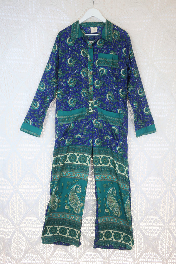 Betty Boilersuit - Indian Sari - Teal, Cream & Cobalt Floral Paisley - Size S/M