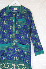 Betty Boilersuit - Indian Sari - Teal, Cream & Cobalt Floral Paisley - Size S/M