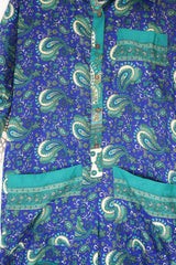 Betty Boilersuit - Indian Sari - Teal, Cream & Cobalt Floral Paisley - Size S/M