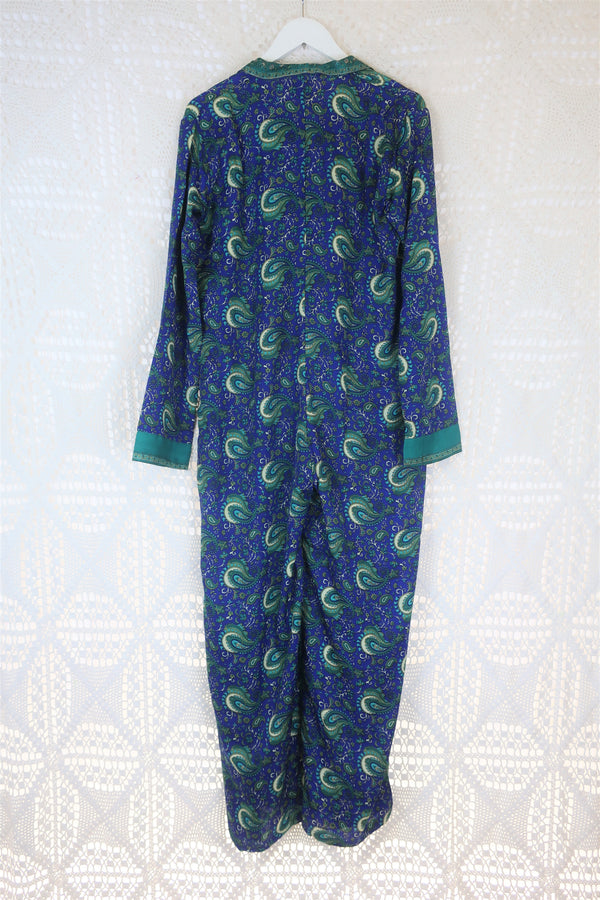 Betty Boilersuit - Indian Sari - Teal, Cream & Cobalt Floral Paisley - Size S/M